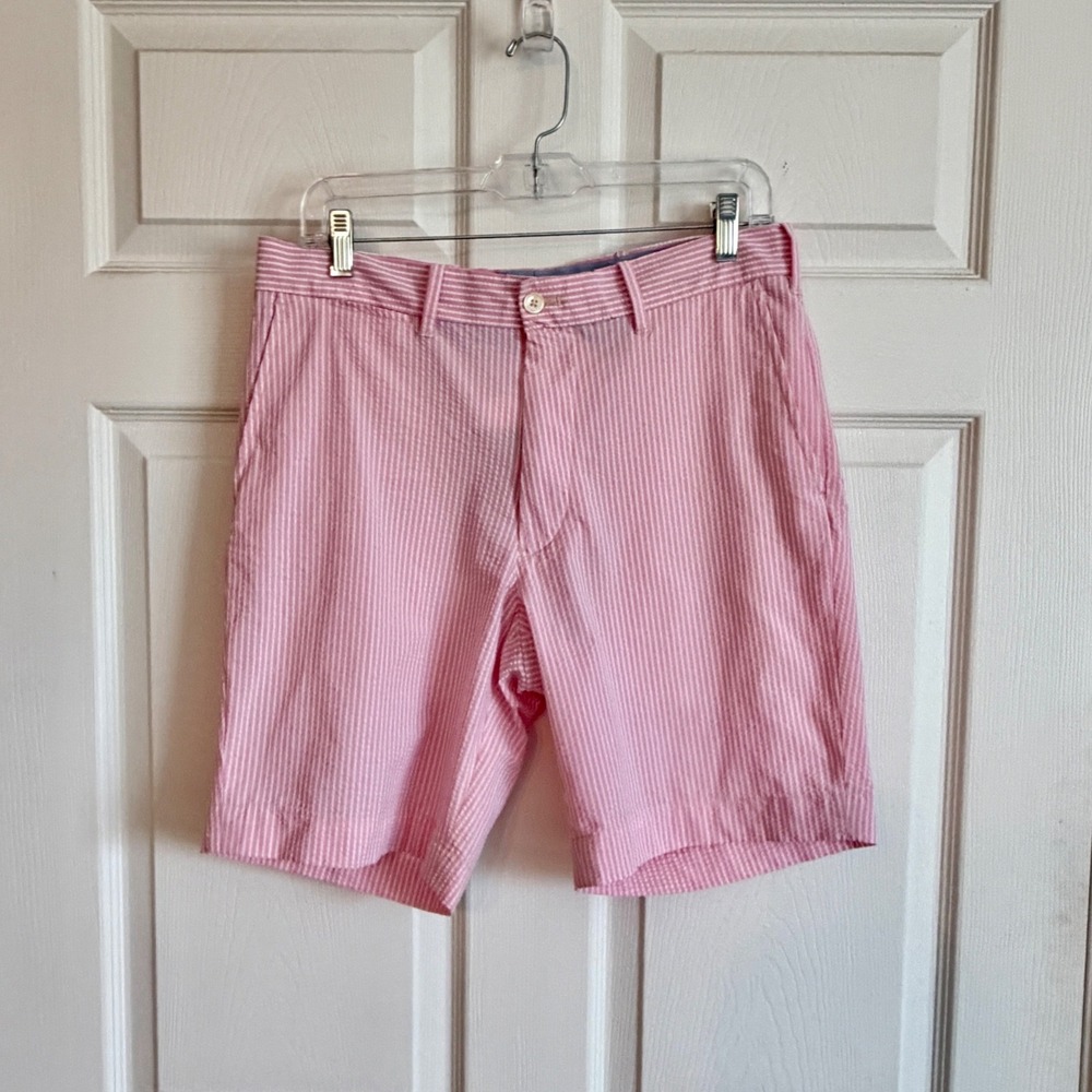 Polo Ralph Lauren Mens Pink White Seersucker Striped Shorts Size 34 Shield Logo